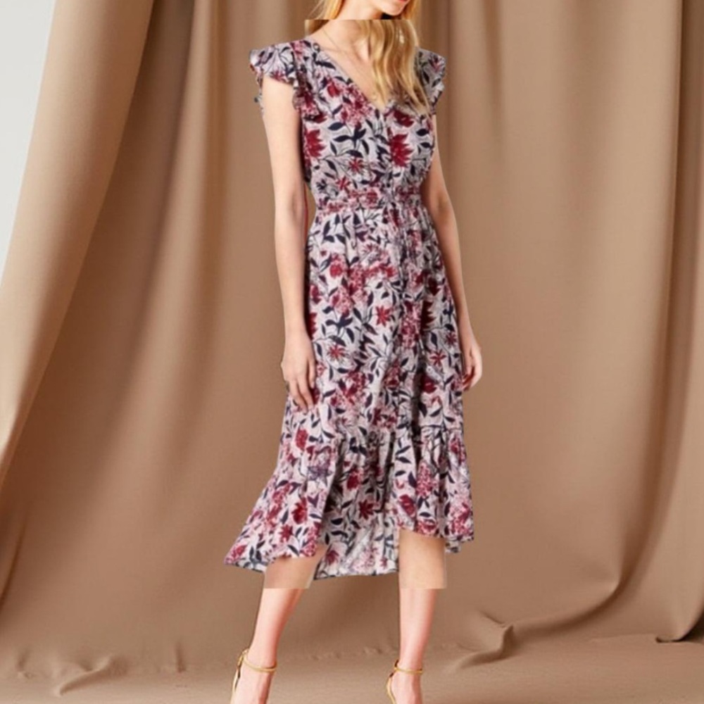 Lucky Brand Floral Dress high low short sleeves button down with half slip Large - Picture 12 of 12